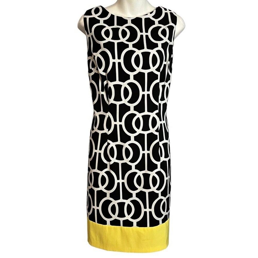 Alyx Dress Womens Black White Yellow Sleeveless Stretch Sheath Above Knee sz 14